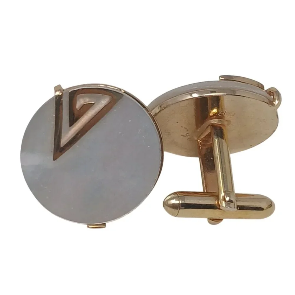 Vintage Gold Tone & Mother Of Pearl Round Cufflinks With Geometric Design #J-4